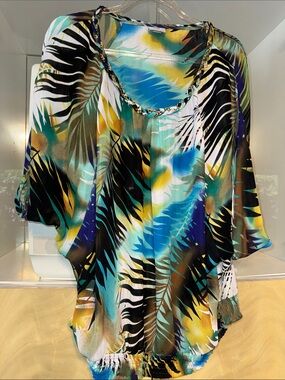Worthington Tropical Palm Leaf Print Dolman Sleeve Blouse blue green 1X